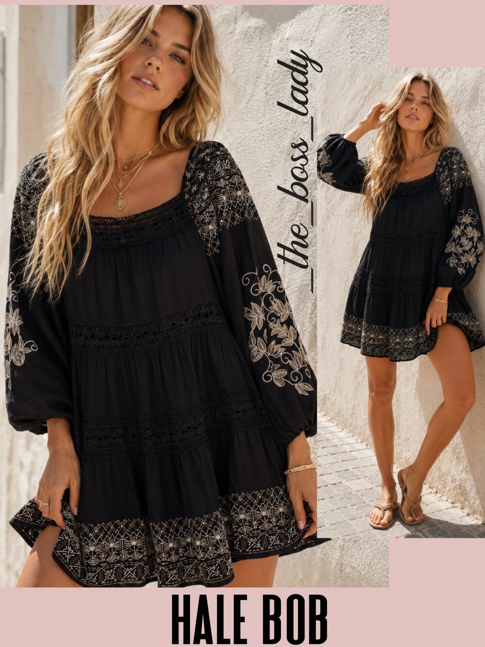 Hale Bob embroidered dress floral crochet trim long sleeves Small
